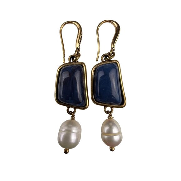 Gold Tone Womens Dangle Earrings With Blue Stones & Simulated Pearls Drop - Picture 1 of 4